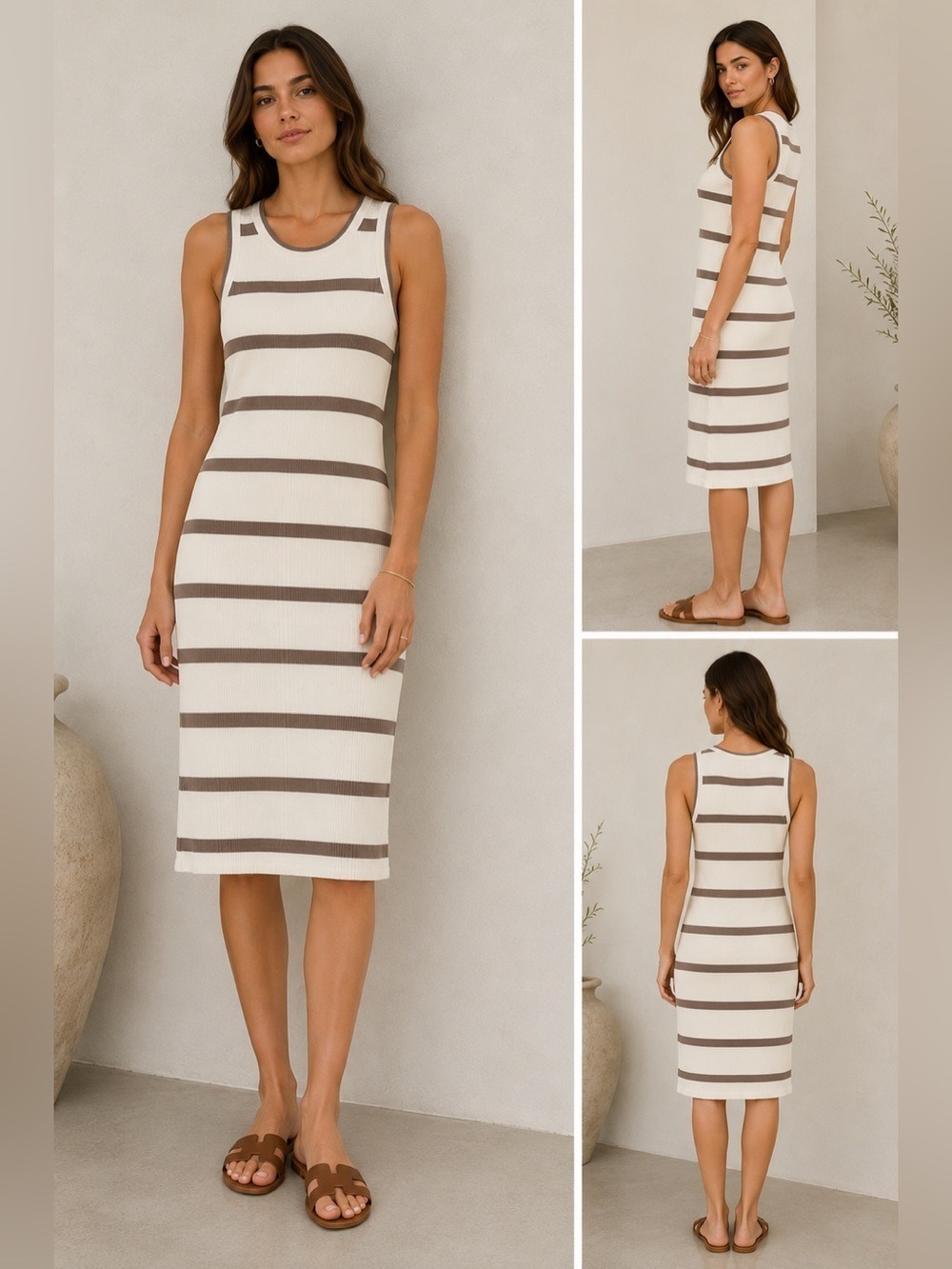 Splendid Ribbed Knit Maxi Dress in Neutral Stripe. Size Small
